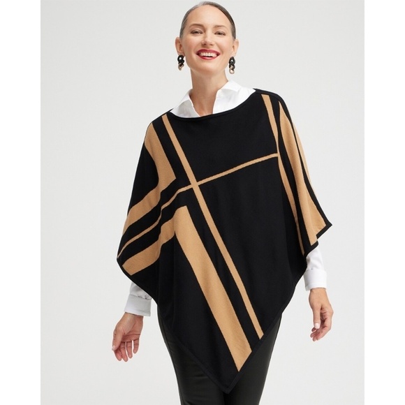 Chicos Reversible Knit Triangle Poncho Black Brown Tunic Sweater Top, Size L XL - Picture 1 of 9